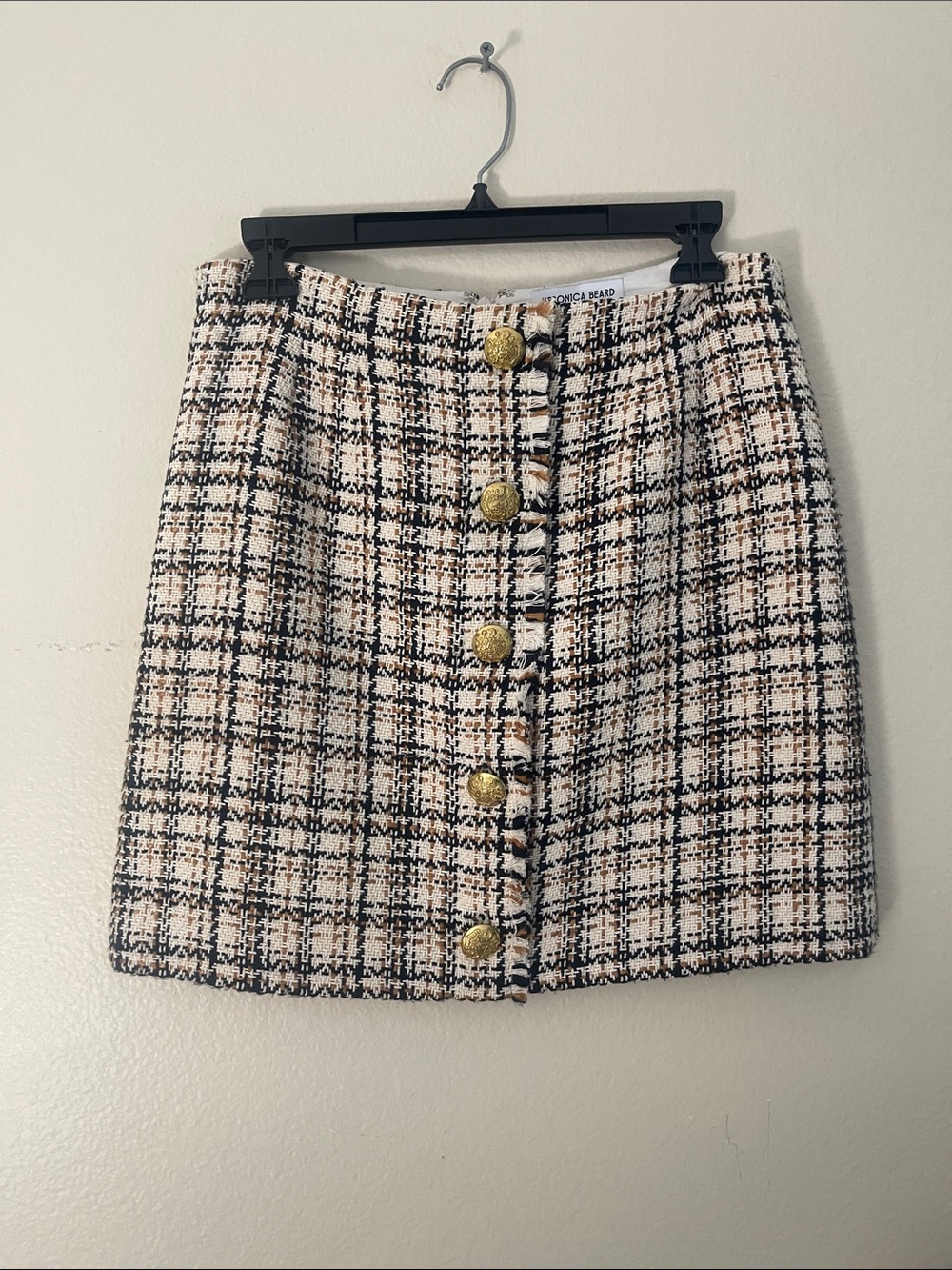 Veronica Beard Black, Cream and Tan Plaid Tweed Button-Front Mini Skirt